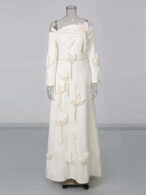 White Off Shoulder Long Sleeve 3D Flower Dress