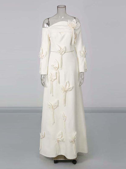 White Off Shoulder Long Sleeve 3D Flower Dress