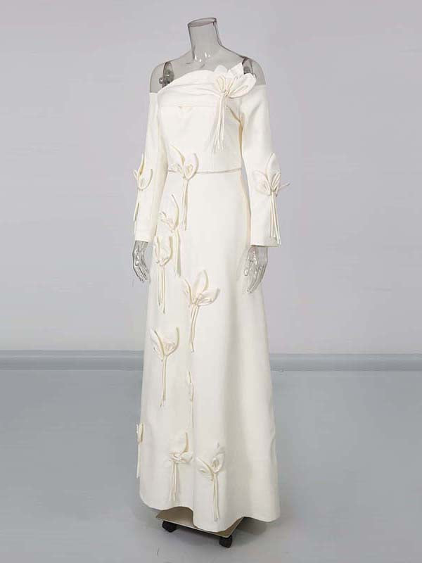 White Off Shoulder Long Sleeve 3D Flower Dress
