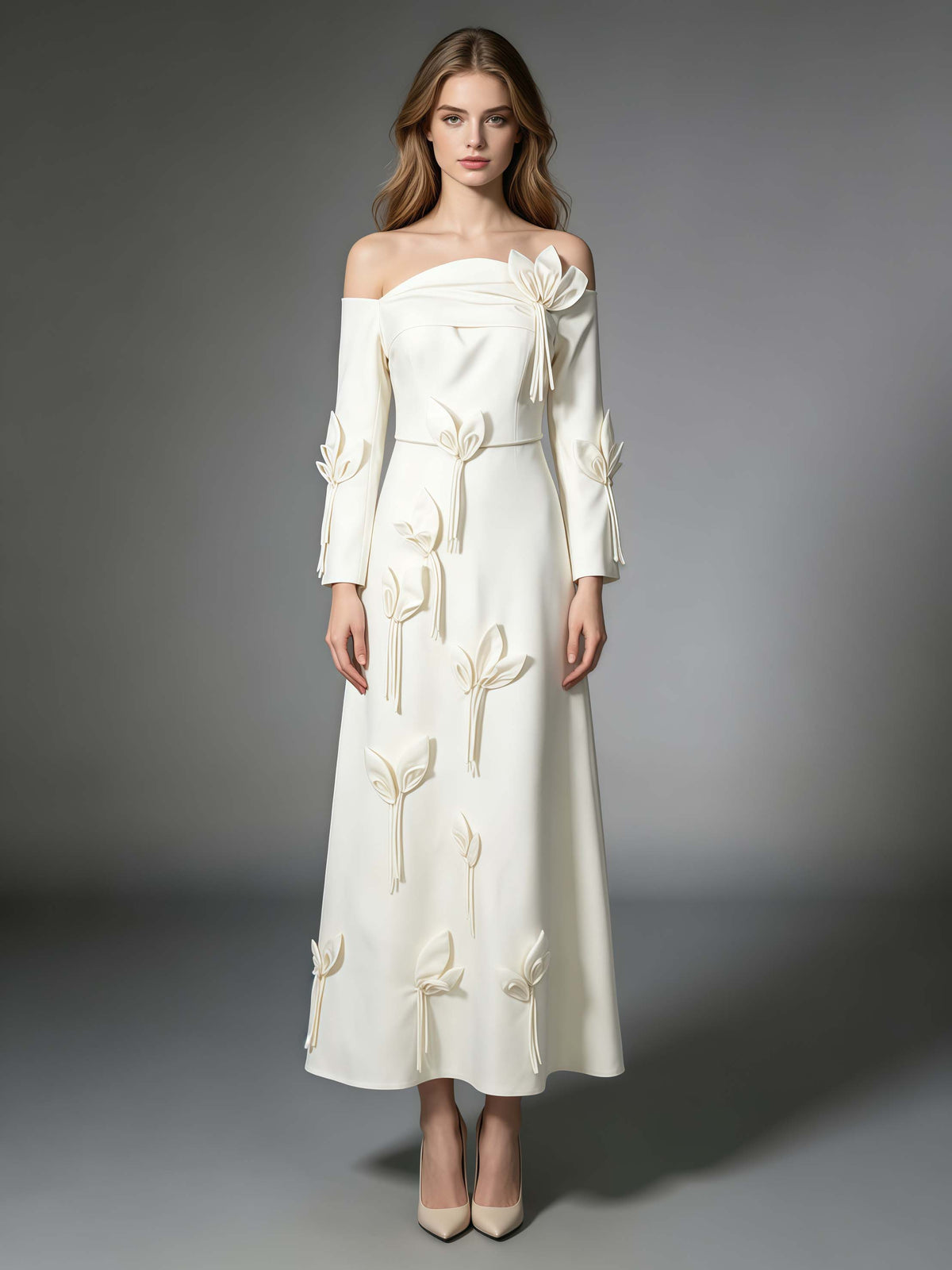 White Off Shoulder Long Sleeve 3D Flower Dress