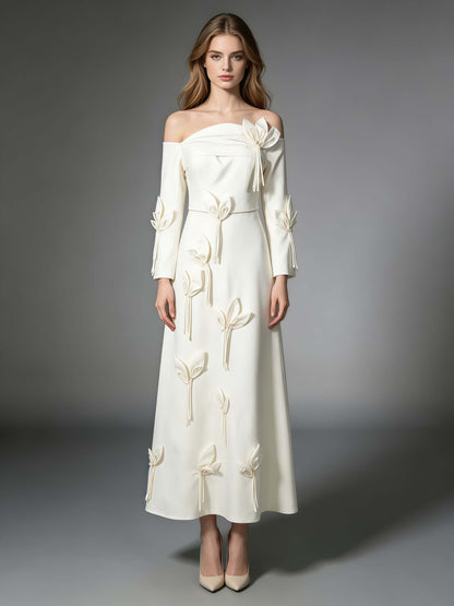 White Off Shoulder Long Sleeve 3D Flower Dress