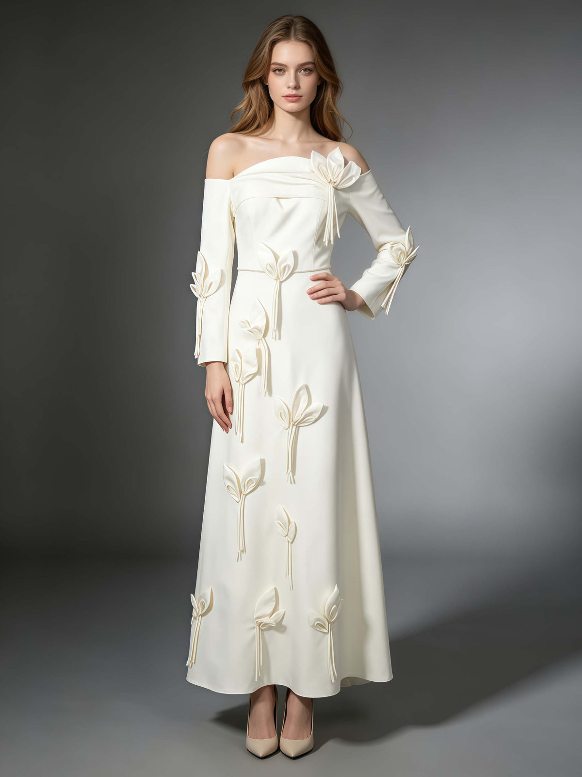 White Off Shoulder Long Sleeve 3D Flower Dress