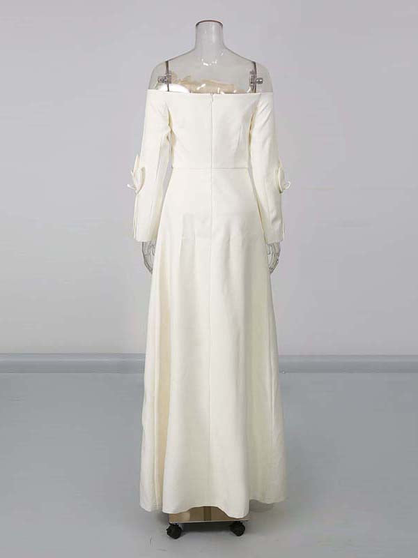 White Off Shoulder Long Sleeve 3D Flower Dress
