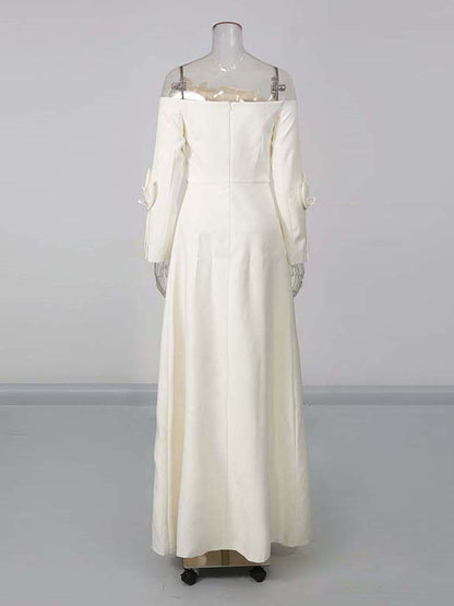 White Off Shoulder Long Sleeve 3D Flower Dress