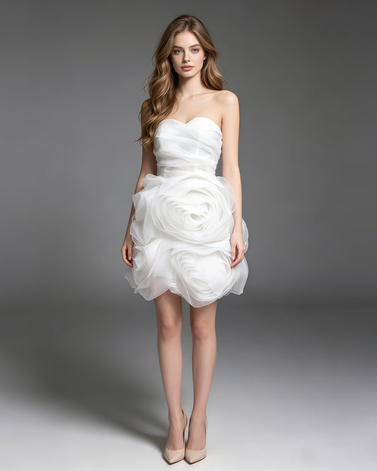 White Off Shoulder Spliced Rose Mini Dress