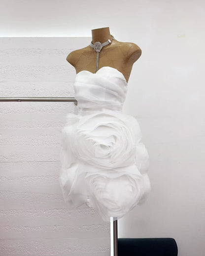 White Off Shoulder Spliced Rose Mini Dress