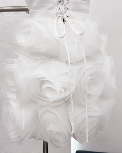 White Off Shoulder Spliced Rose Mini Dress