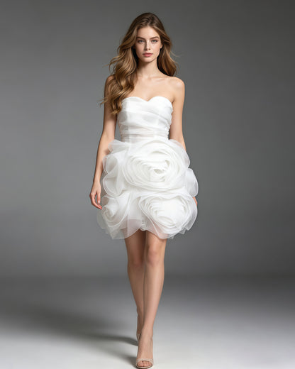 White Off Shoulder Spliced Rose Mini Dress
