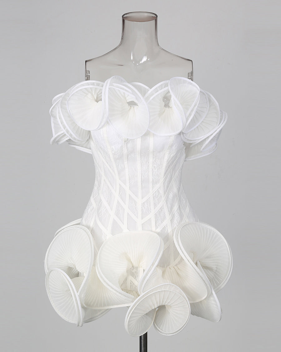 White Off‑Shoulder 3D Ruffle Corset Mini Dress