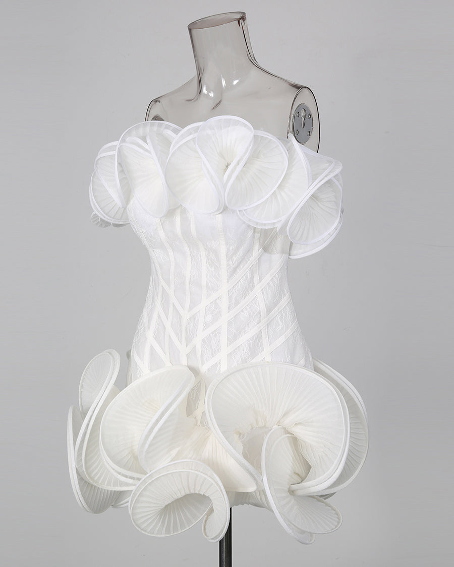 White Off‑Shoulder 3D Ruffle Corset Mini Dress
