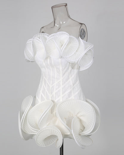 White Off‑Shoulder 3D Ruffle Corset Mini Dress