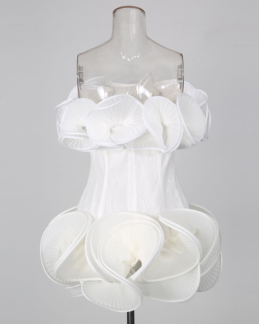 White Off‑Shoulder 3D Ruffle Corset Mini Dress