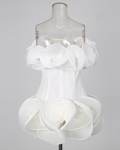 White Off‑Shoulder 3D Ruffle Corset Mini Dress