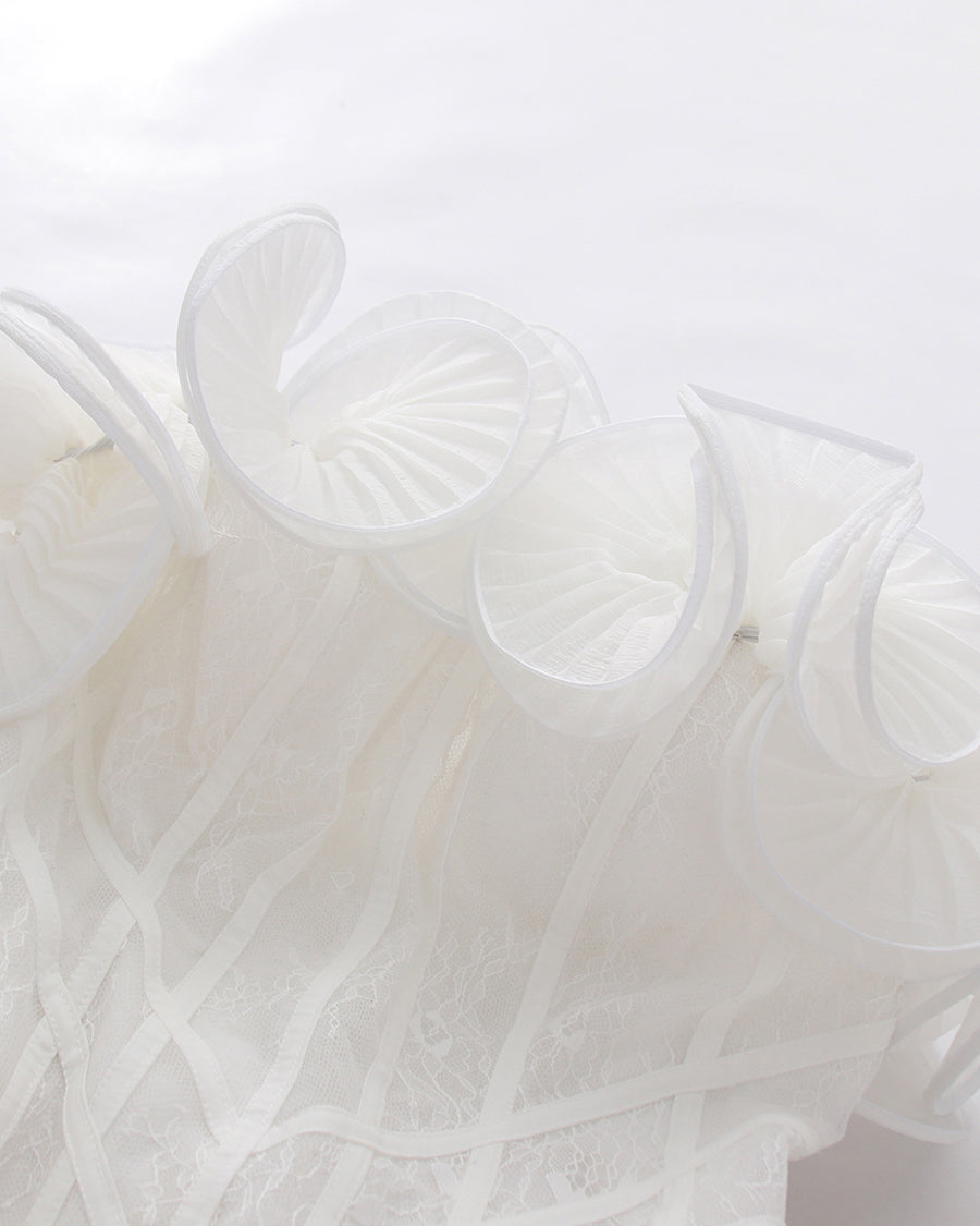 White Off‑Shoulder 3D Ruffle Corset Mini Dress