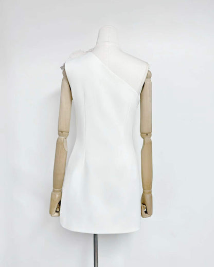 White One-Shoulder Floral Appliqué Mini Dress