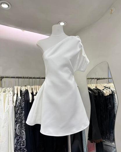 White One-Shoulder Ruched Waist Mini Dress