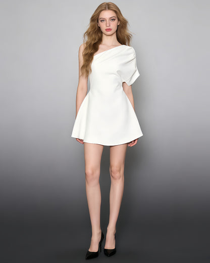 White One-Shoulder Ruched Waist Mini Dress