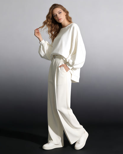 White Oversized Balloon-Sleeve Crewneck Sweatshirt