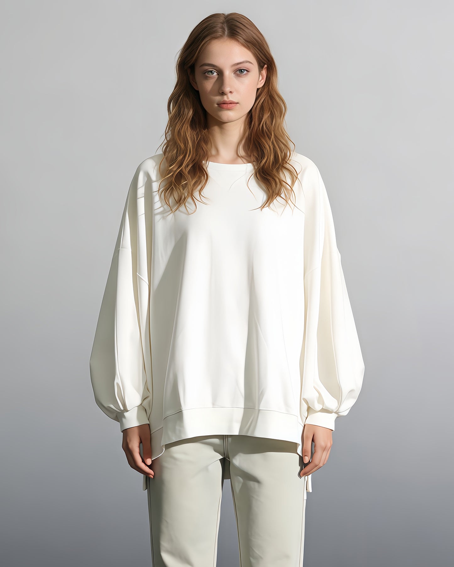 White Oversized Balloon-Sleeve Crewneck Sweatshirt