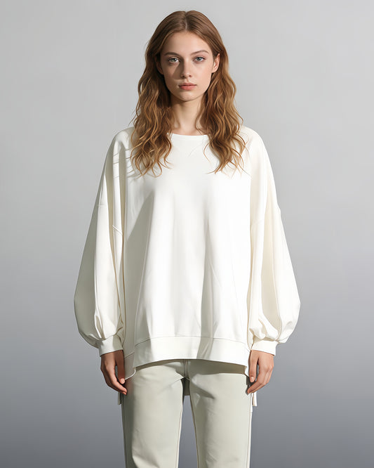White Oversized Balloon-Sleeve Crewneck Sweatshirt
