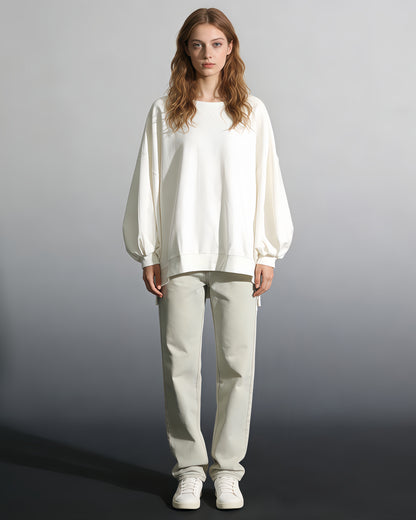 White Oversized Balloon-Sleeve Crewneck Sweatshirt