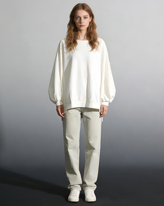 White Oversized Balloon-Sleeve Crewneck Sweatshirt