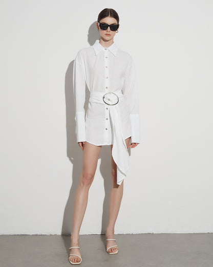 White Oversized Shirt with Circular Buckle Belt