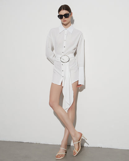 White Oversized Shirt with Circular Buckle Belt