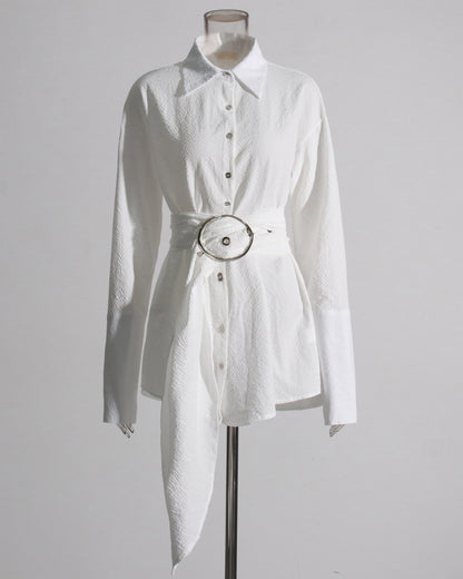 White Oversized Shirt with Circular Buckle Belt
