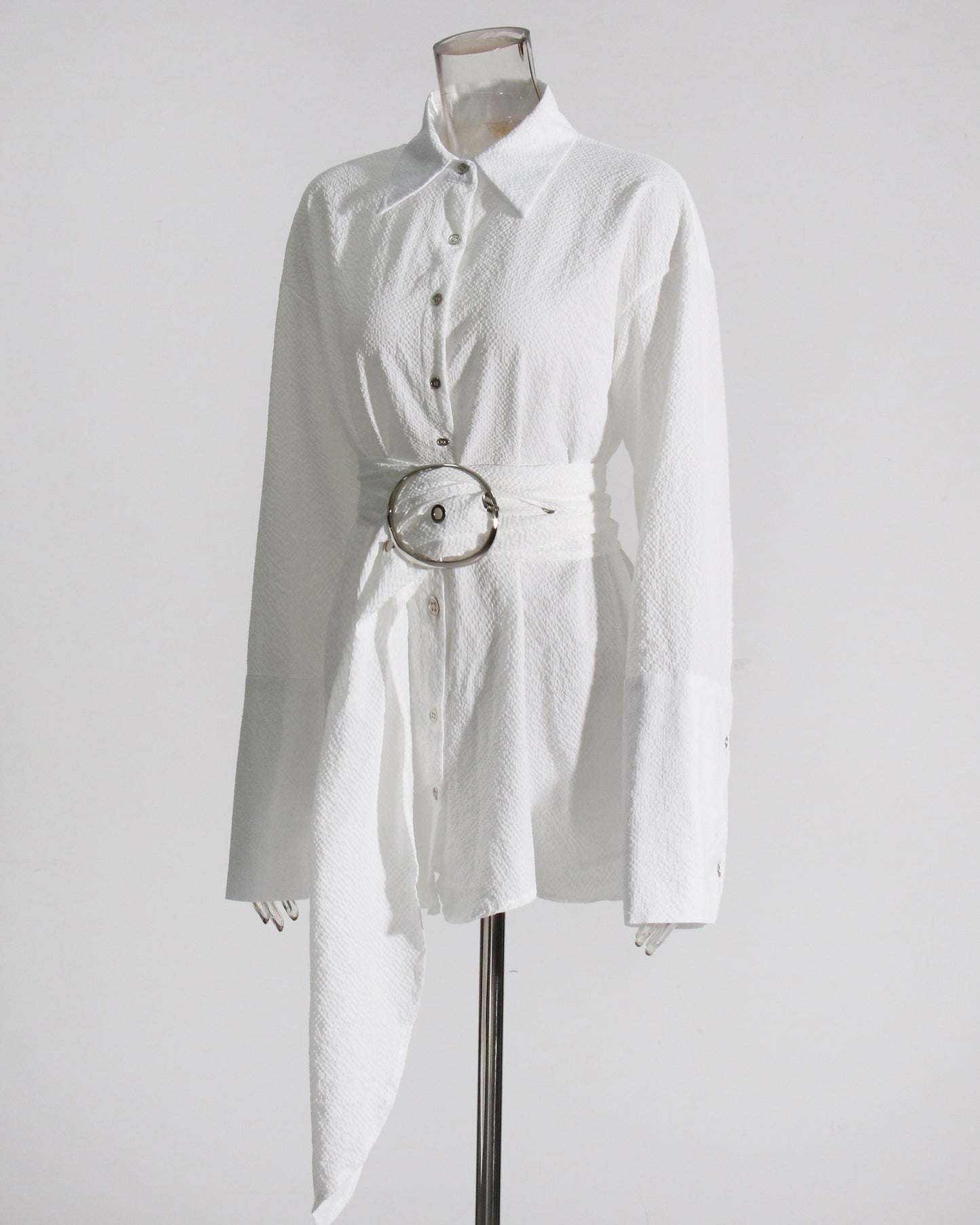 White Oversized Shirt with Circular Buckle Belt