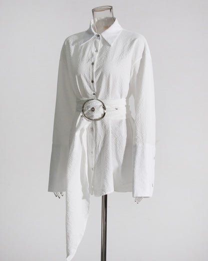 White Oversized Shirt with Circular Buckle Belt