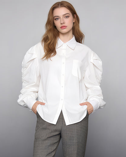 White Oversized Shirt with Ruched Puff Sleeves