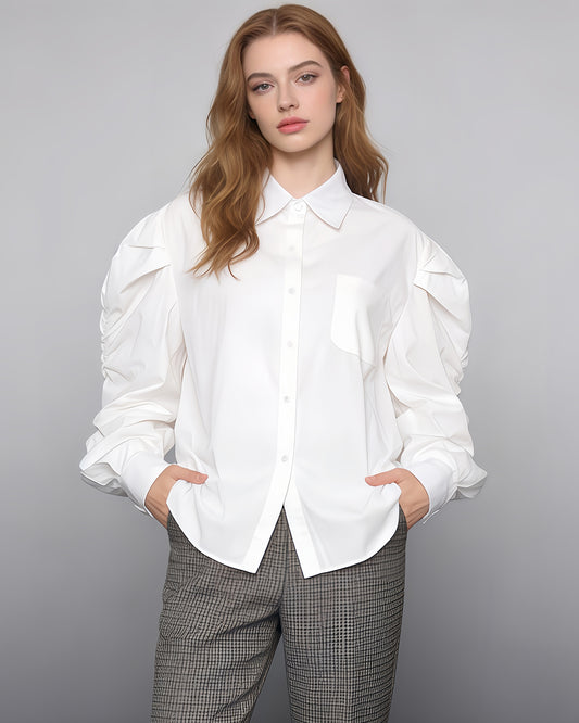 White Oversized Shirt with Ruched Puff Sleeves