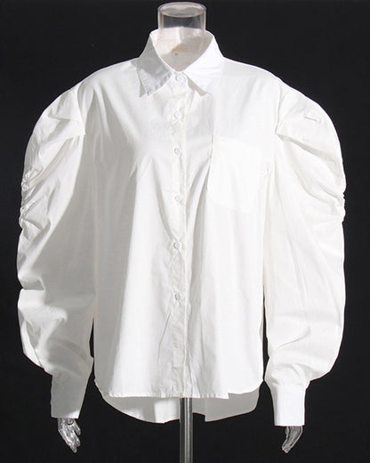 White Oversized Shirt with Ruched Puff Sleeves