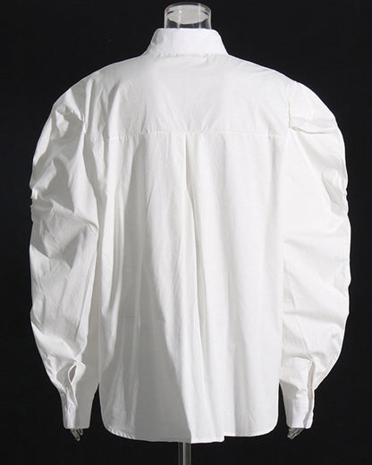 White Oversized Shirt with Ruched Puff Sleeves