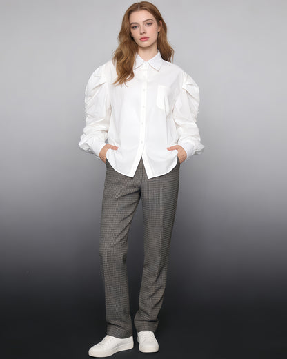 White Oversized Shirt with Ruched Puff Sleeves