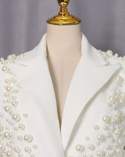 White Pearl Embellished Blazer & Skirt Set
