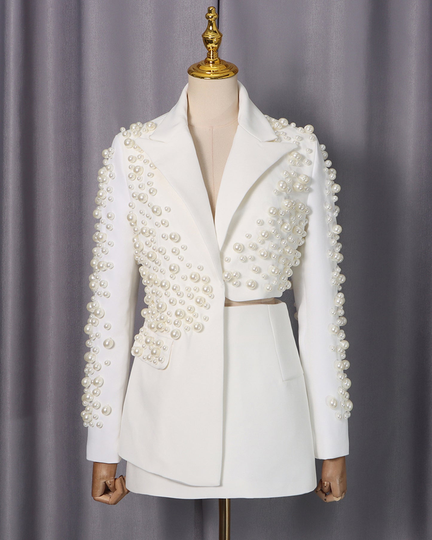 White Pearl Embellished Blazer & Skirt Set