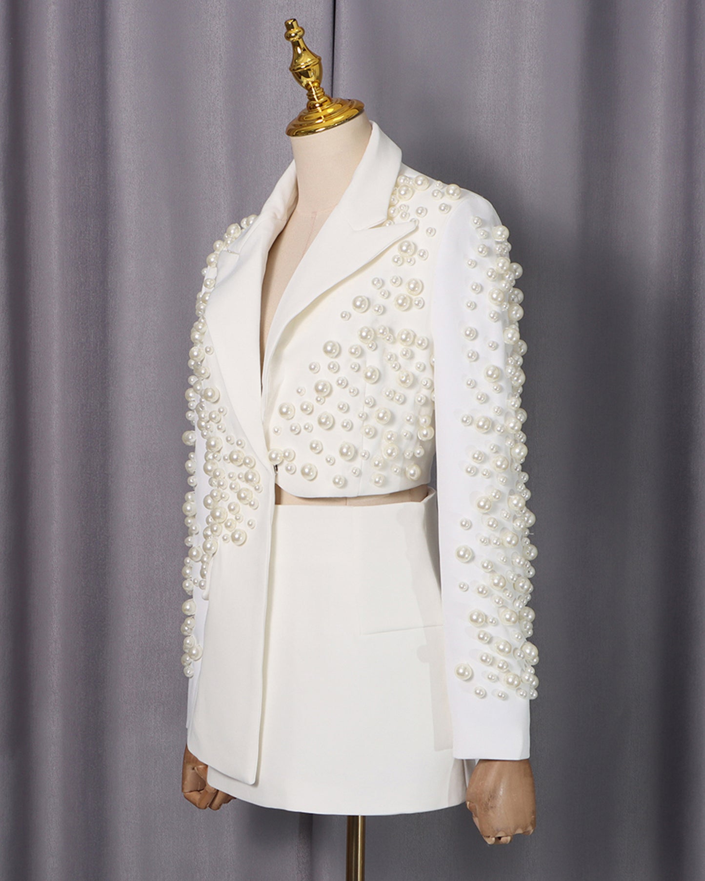 White Pearl Embellished Blazer & Skirt Set