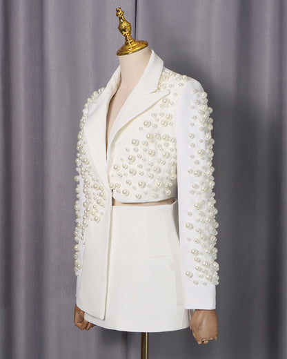 White Pearl Embellished Blazer & Skirt Set