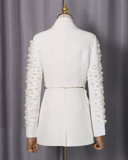 White Pearl Embellished Blazer & Skirt Set