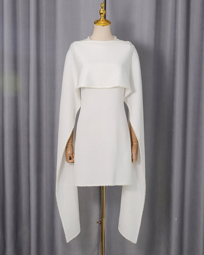 White Pearl Trim Cape Dress Two-Piece Set