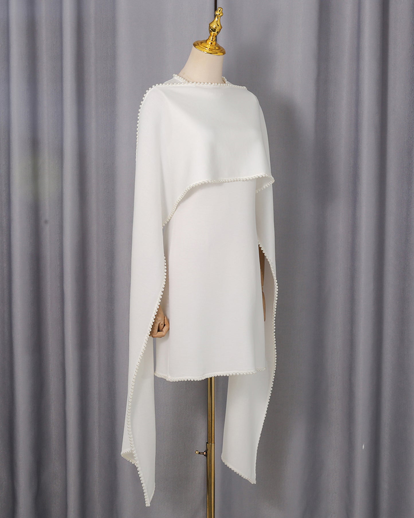 White Pearl Trim Cape Dress Two-Piece Set