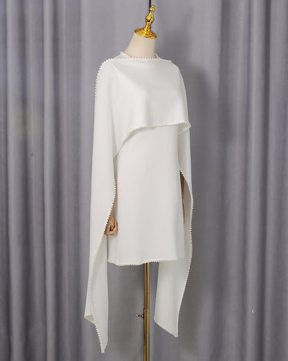 White Pearl Trim Cape Dress Two-Piece Set