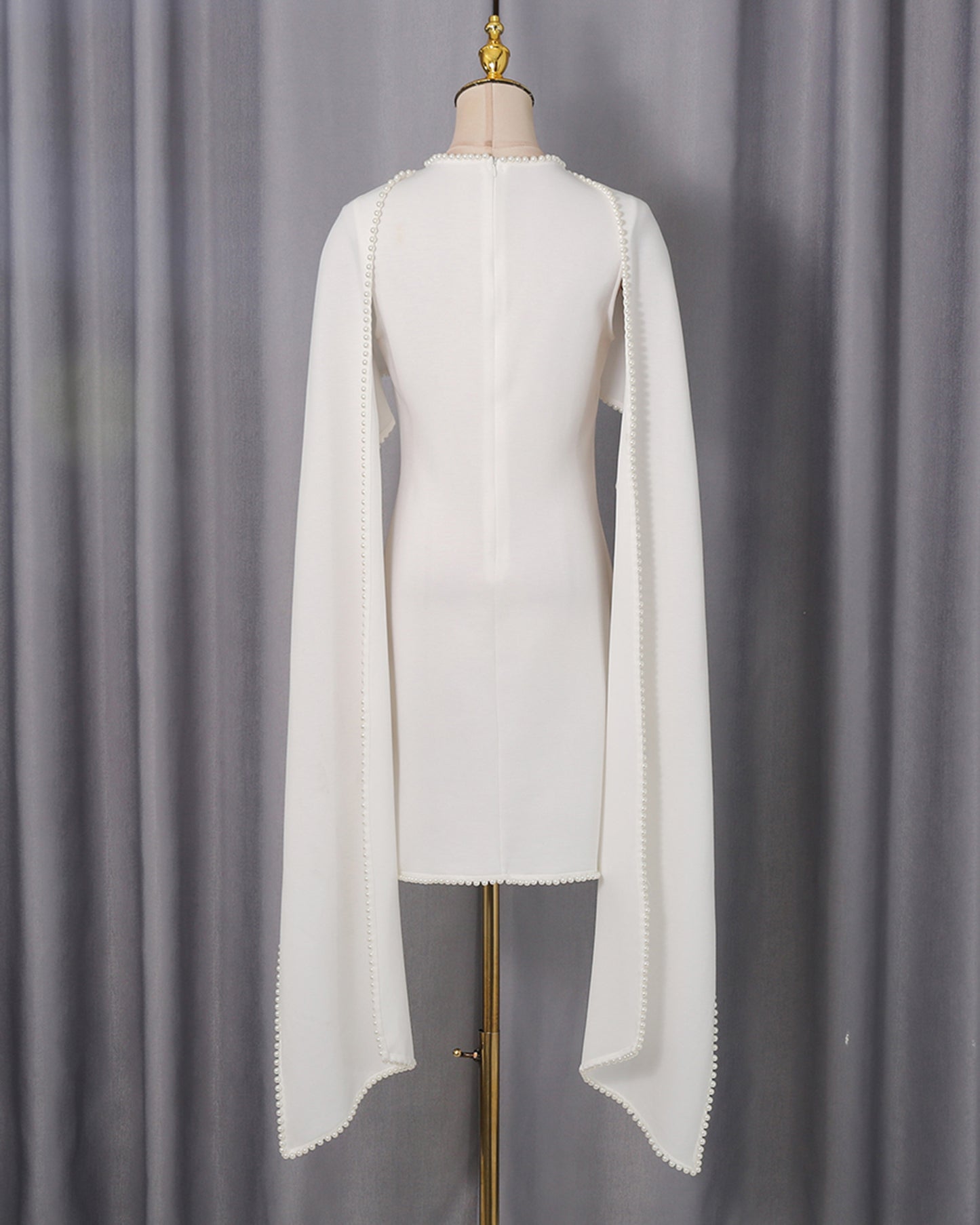 White Pearl Trim Cape Dress Two-Piece Set
