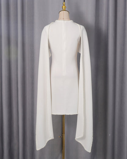 White Pearl Trim Cape Dress Two-Piece Set