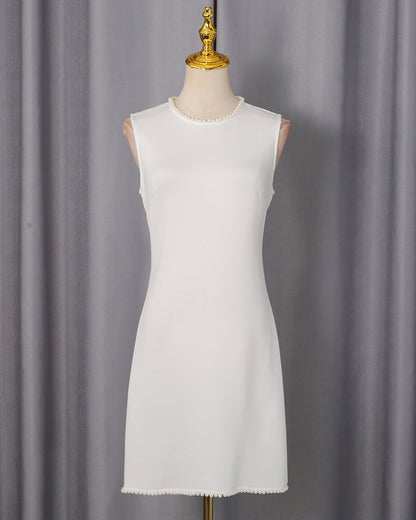 White Pearl Trim Cape Dress Two-Piece Set