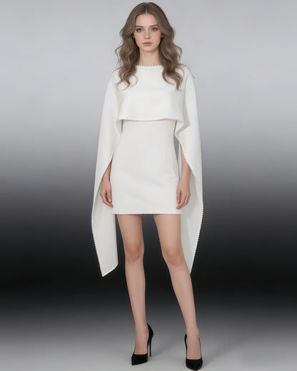 White Pearl Trim Cape Dress Two-Piece Set