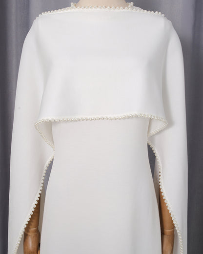 White Pearl Trim Cape Dress Two-Piece Set