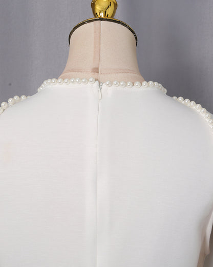 White Pearl Trim Cape Dress Two-Piece Set